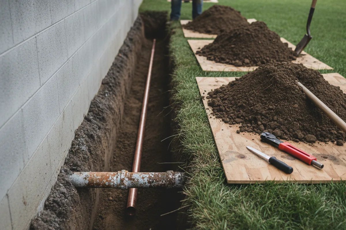 Excavated water line trench during Water Softener Installation in Smithton
